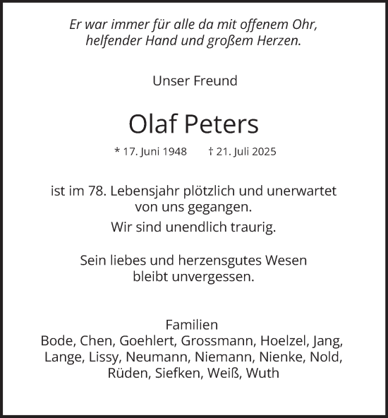 Traueranzeige von Olaf Peters von Hamburger Abendblatt