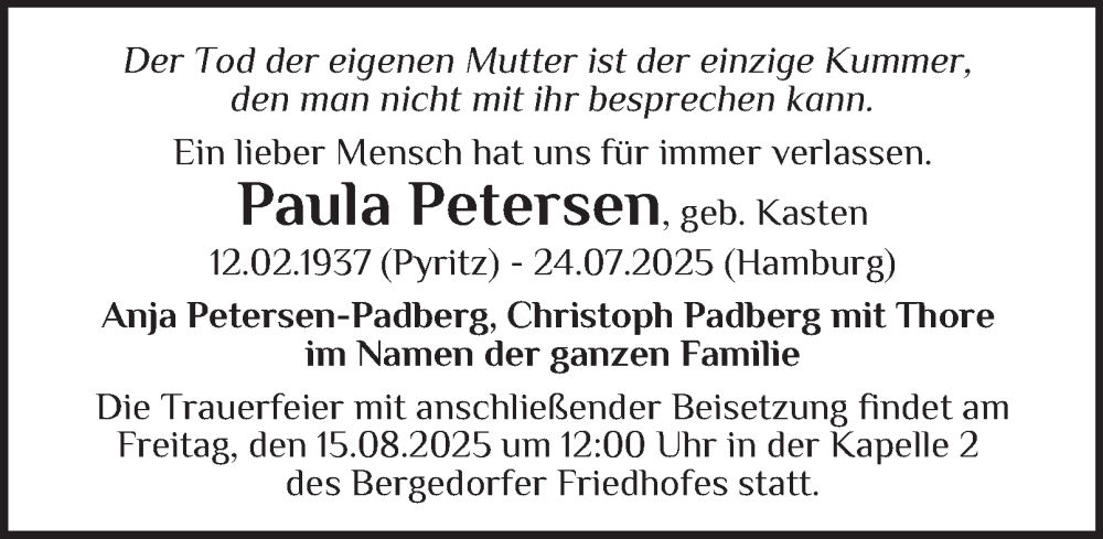  Traueranzeige für Paula Petersen vom 02.08.2025 aus Hamburger Abendblatt, Bergedorfer Zeitung
