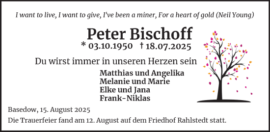 Traueranzeige von Peter Bischoff von Bergedorfer Zeitung