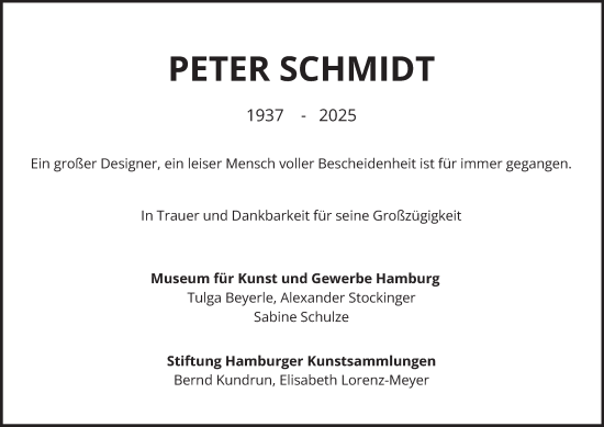 Traueranzeige von Peter Schmidt von Hamburger Abendblatt
