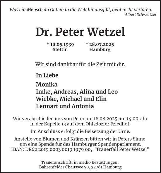 Traueranzeige von Peter Wetzel von Hamburger Abendblatt