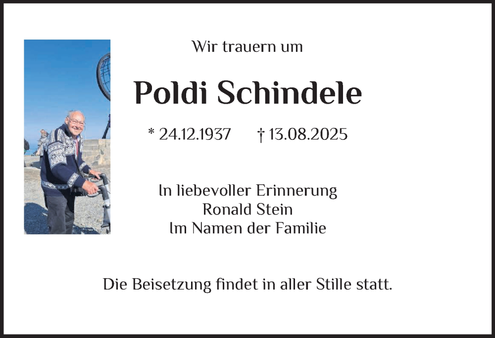  Traueranzeige für Poldi Schindele vom 23.08.2025 aus Bergedorfer Zeitung