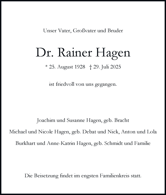 Traueranzeige von Rainer Hagen von Hamburger Abendblatt