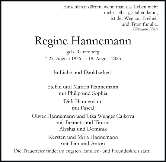 Traueranzeige von Regine Hannemann von Hamburger Abendblatt