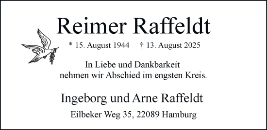 Traueranzeige von Reimer Raffeldt von Hamburger Abendblatt