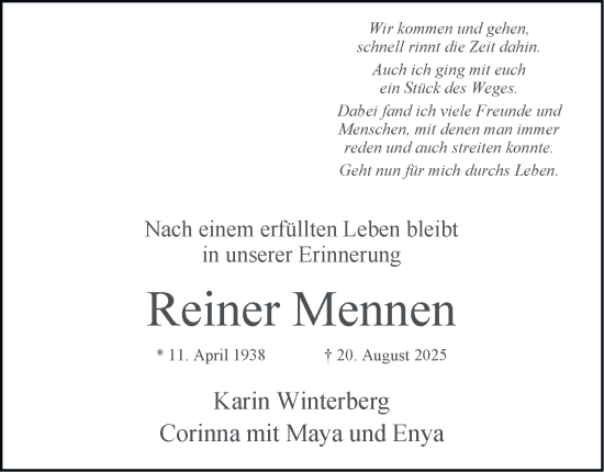 Traueranzeige von Reiner Mennen 
