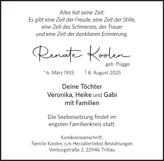 Traueranzeige von Renate Koolen von Hamburger Abendblatt