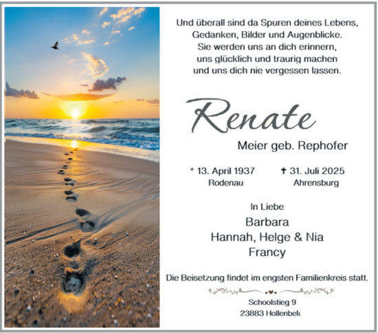 Traueranzeige von Renate Meyer von Hamburger Abendblatt