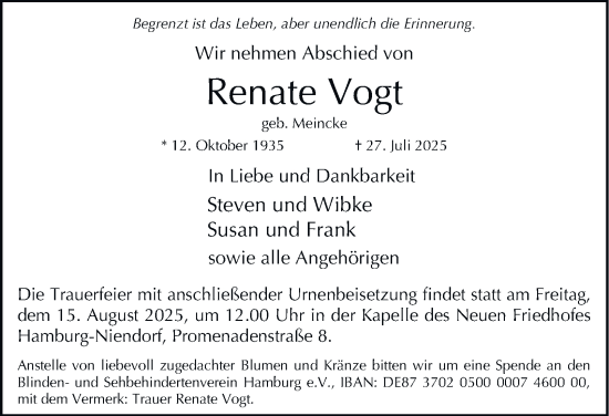 Traueranzeige von Renate Vogt 