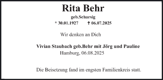 Traueranzeige von Rita Behr von Hamburger Abendblatt