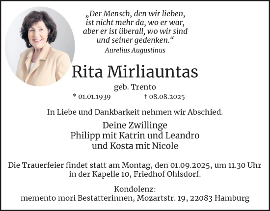Traueranzeige von Rita Mirliauntas von Hamburger Abendblatt