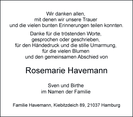 Traueranzeige von Rosemarie Havemann von Bergedorfer Zeitung