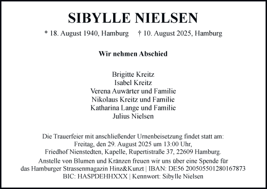 Traueranzeige von Sibylle Nielsen von Hamburger Abendblatt