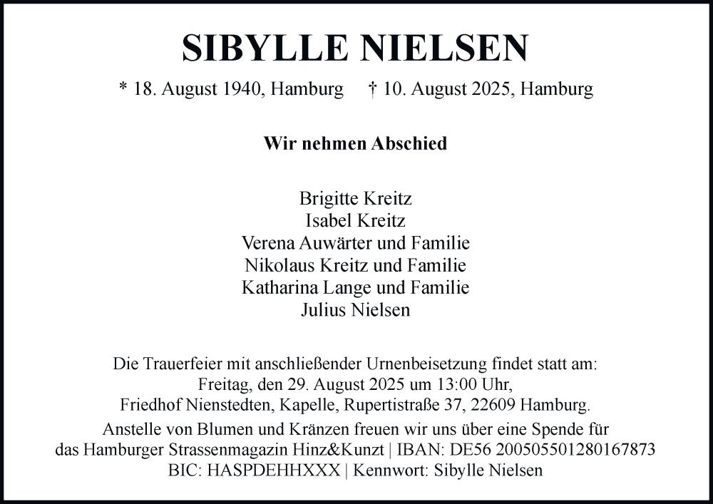  Traueranzeige für Sibylle Nielsen vom 16.08.2025 aus Hamburger Abendblatt