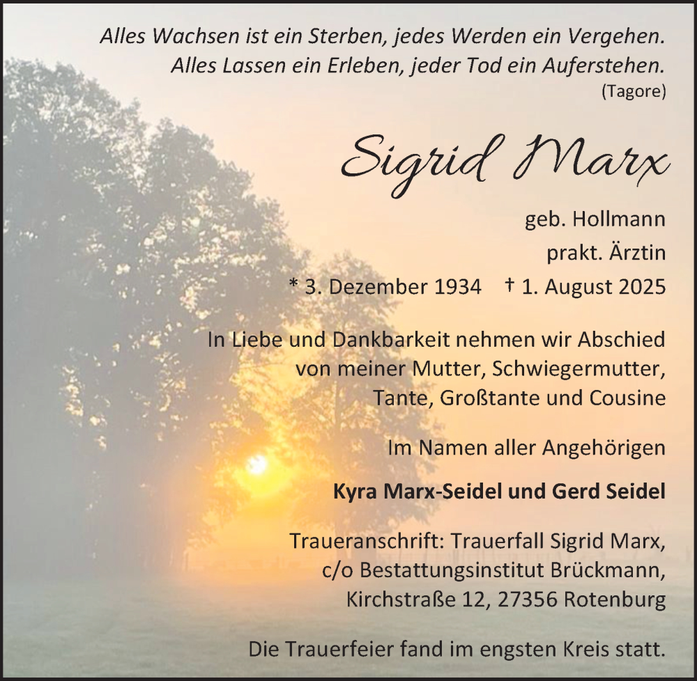  Traueranzeige für Sigrid Marx vom 16.08.2025 aus Hamburger Abendblatt