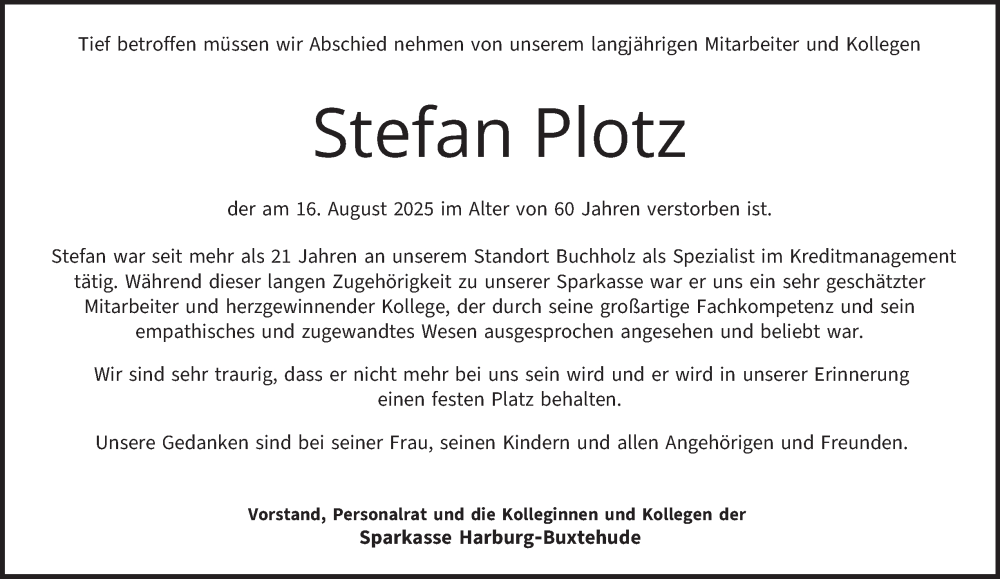 Traueranzeige für Stefan Plotz vom 23.08.2025 aus Hamburger Abendblatt