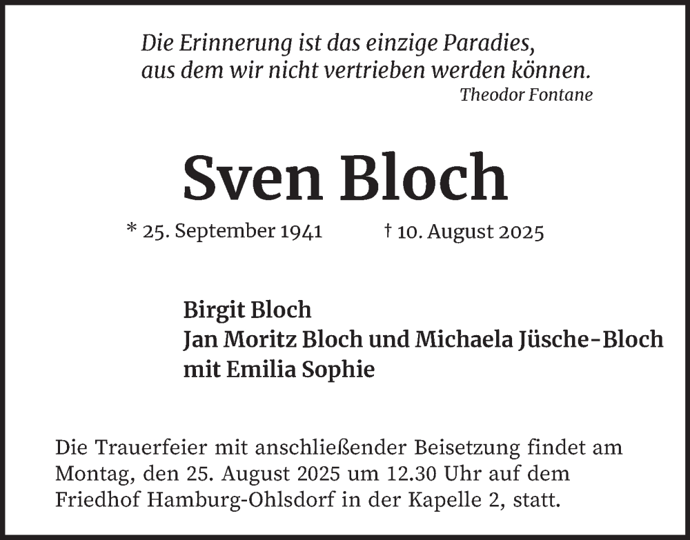  Traueranzeige für Sven Bloch vom 16.08.2025 aus Hamburger Abendblatt