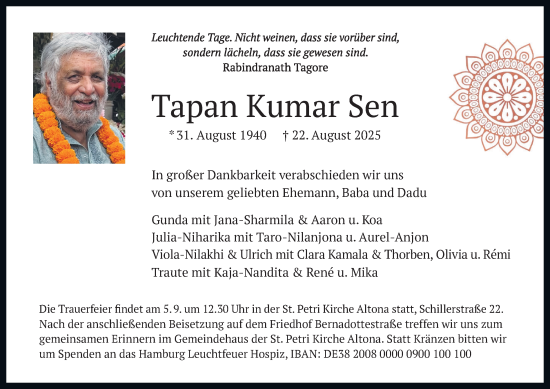 Traueranzeige von Tapan Kumar Sen von Hamburger Abendblatt