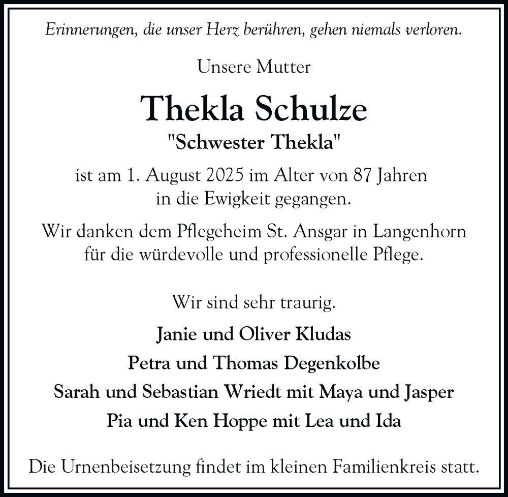 Traueranzeige für Thekla Schulze vom 09.08.2025 aus Hamburger Abendblatt
