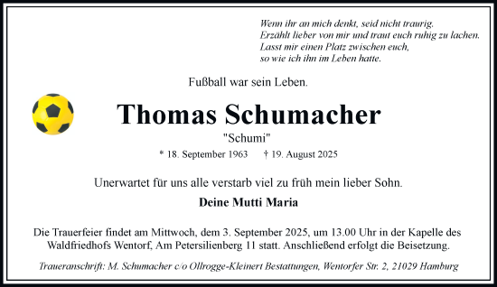 Traueranzeige von Thomas Schumacher von Bergedorfer Zeitung