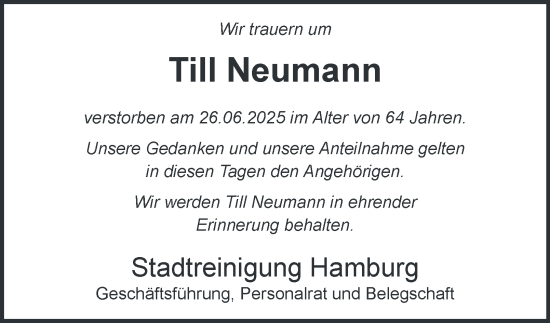 Traueranzeige von Till Neumann von Hamburger Abendblatt