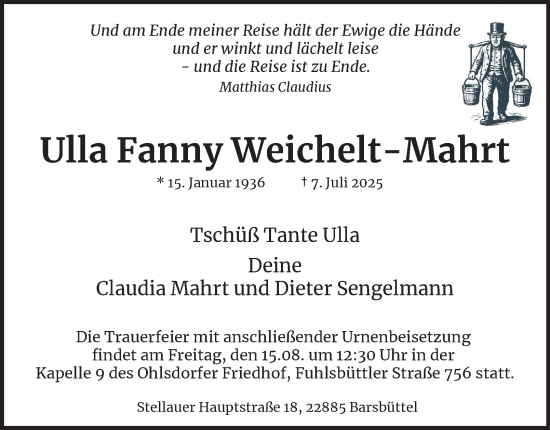 Traueranzeige von Ulla Fanny Weichelt-Mahrt von Hamburger Abendblatt