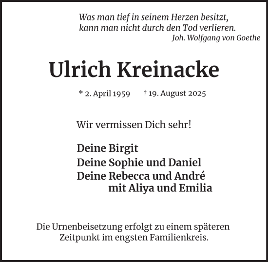 Traueranzeige von Ulrich Kreinacke von Hamburger Abendblatt