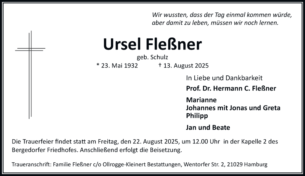  Traueranzeige für Ursel Fleßner vom 16.08.2025 aus Bergedorfer Zeitung