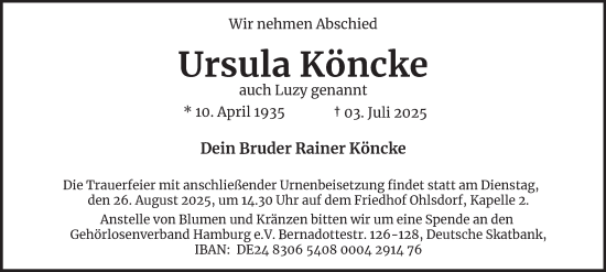 Traueranzeige von Ursula Köncke von Hamburger Abendblatt