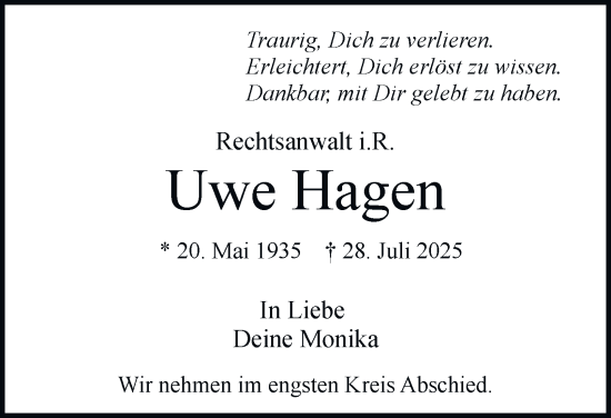 Traueranzeige von Uwe Hagen von Hamburger Abendblatt