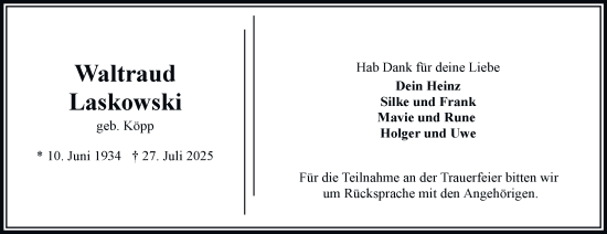 Traueranzeige von Waltraud Laskowski von Bergedorfer Zeitung
