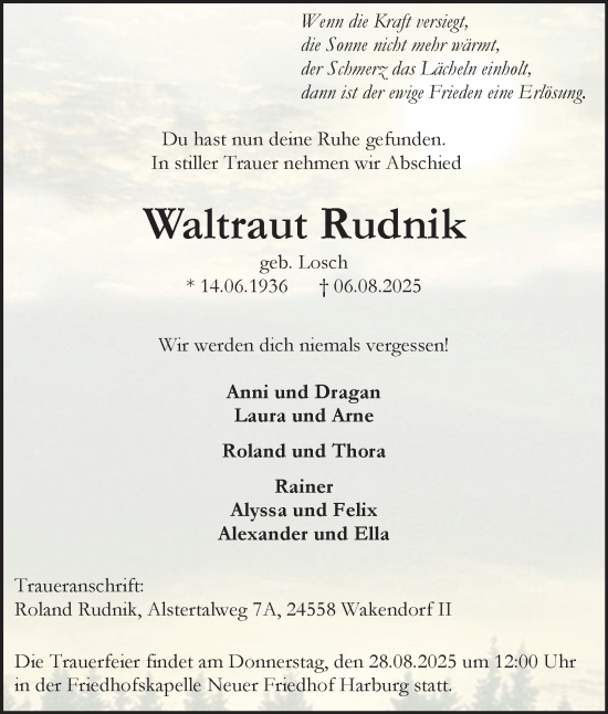 Traueranzeige von Waltraut Rudnik 