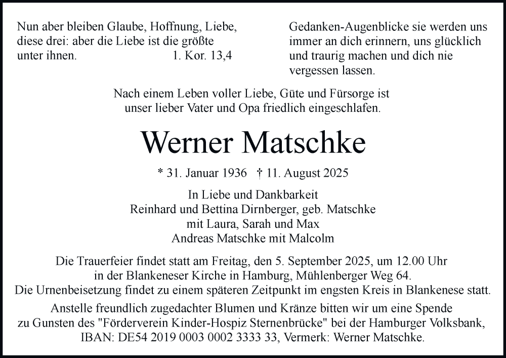  Traueranzeige für Werner Matschke vom 23.08.2025 aus Hamburger Abendblatt