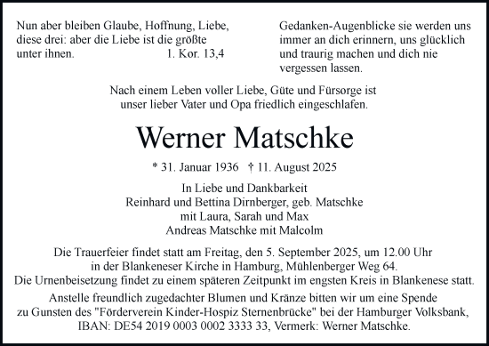 Traueranzeige von Werner Matschke von Hamburger Abendblatt