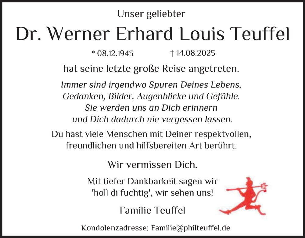  Traueranzeige für Werner Erhard Louis Teuffel vom 23.08.2025 aus Hamburger Abendblatt