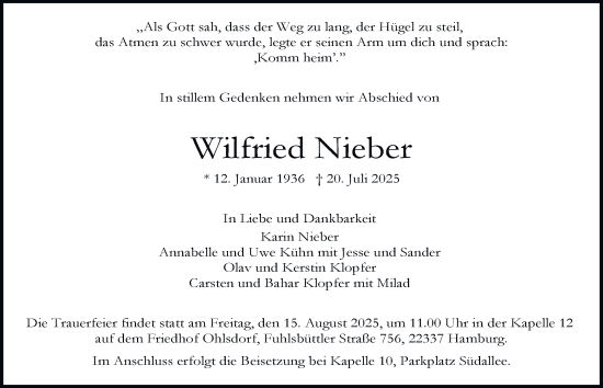 Traueranzeige von Wilfried Nieber von Hamburger Abendblatt