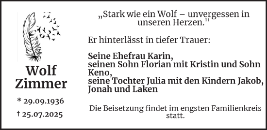 Traueranzeige von Wolf Zimmer von Hamburger Abendblatt