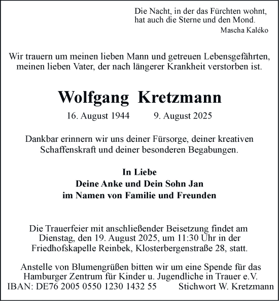 Traueranzeige von Wolfgang Kretzmann von Hamburger Abendblatt