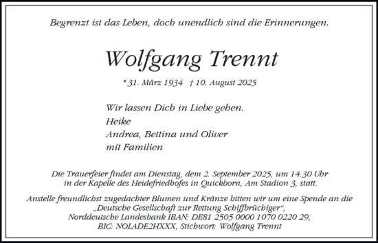 Traueranzeige von Wolfgang Trennt von Hamburger Abendblatt