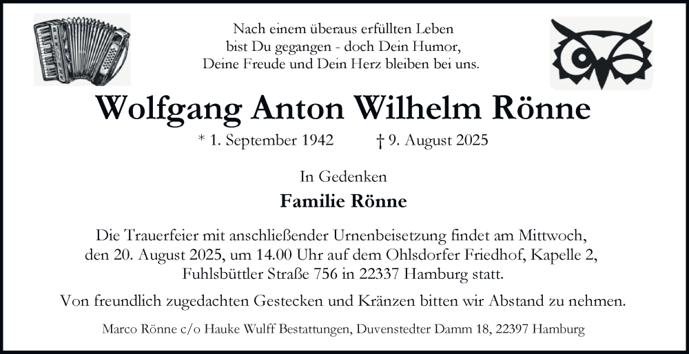  Traueranzeige für Wolfgang Anton Wilhelm Rönne vom 16.08.2025 aus Hamburger Abendblatt