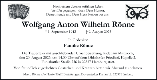 Traueranzeige von Wolfgang Anton Wilhelm Rönne von Hamburger Abendblatt