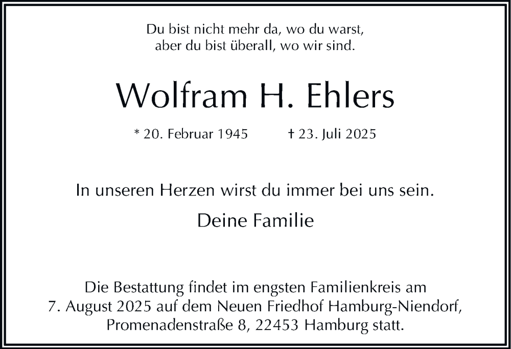  Traueranzeige für Wolfram Ehlers vom 02.08.2025 aus Hamburger Abendblatt