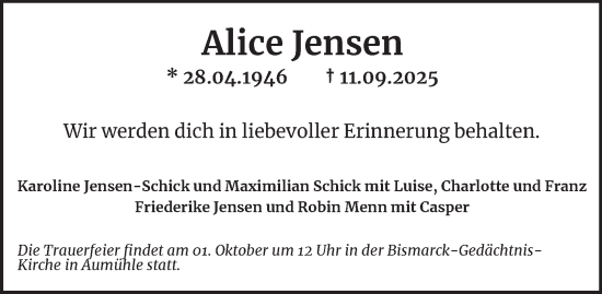 Traueranzeige von Alice Jensen von HA Regio Stormarn