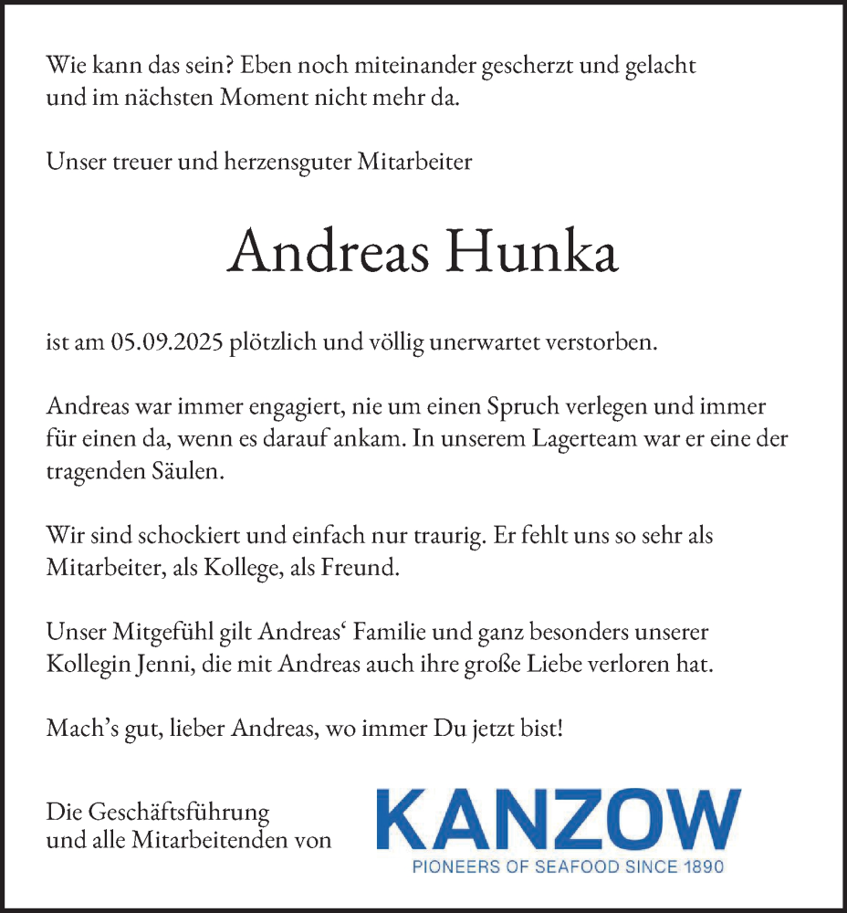  Traueranzeige für Andreas Hunka vom 13.09.2025 aus Hamburger Abendblatt