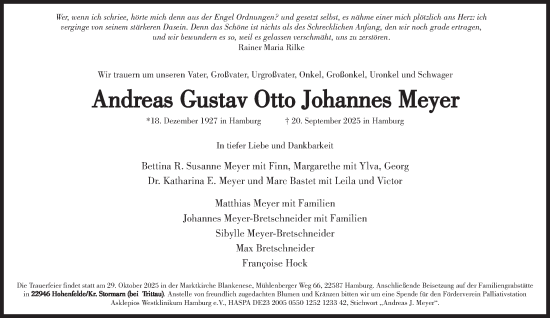 Traueranzeige von Andreas Gustav Otto Johannes Meyer von Hamburger Abendblatt