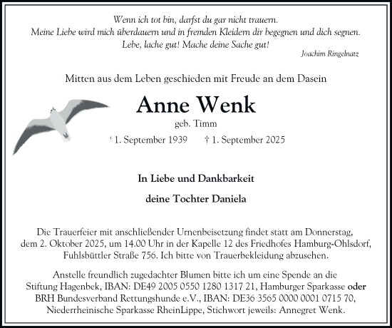 Traueranzeige von Anne Wenk von Hamburger Abendblatt
