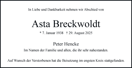 Traueranzeige von Asta Breckwoldt von Hamburger Abendblatt