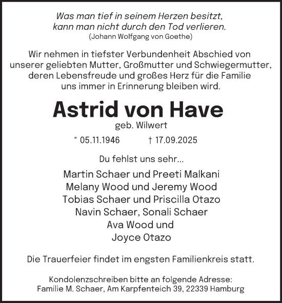 Traueranzeige von Astrid von Have von Hamburger Abendblatt
