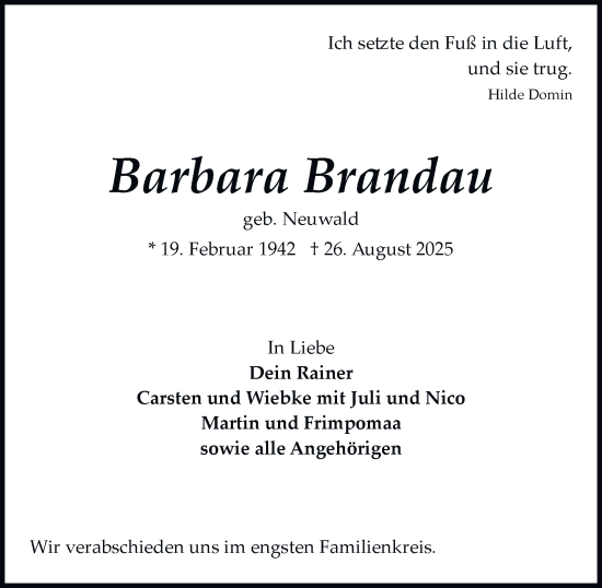 Traueranzeige von Barbara Brandau von Hamburger Abendblatt