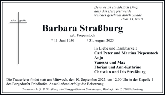 Traueranzeige von Barbara Straßburg von Bergedorfer Zeitung